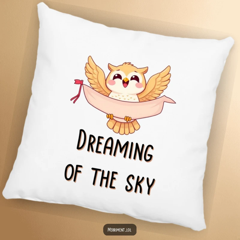 Funny owl pillow with a joyful soaring bird and banner, offering comfort and a touch of humor to any room.