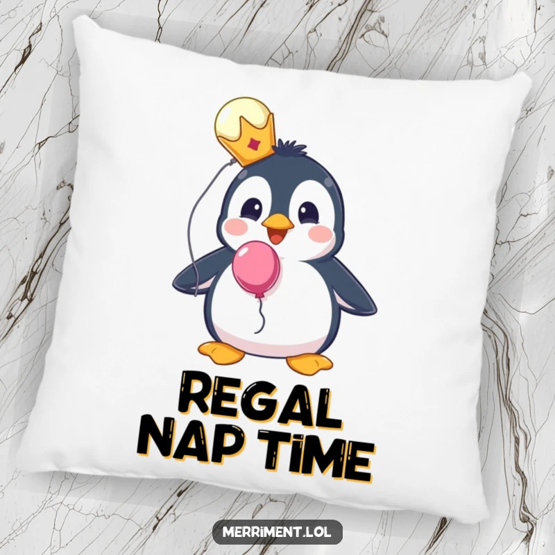 Funny pillow featuring a surprised penguin wearing a tiny crown and holding a balloon, designed for cozy royalty.