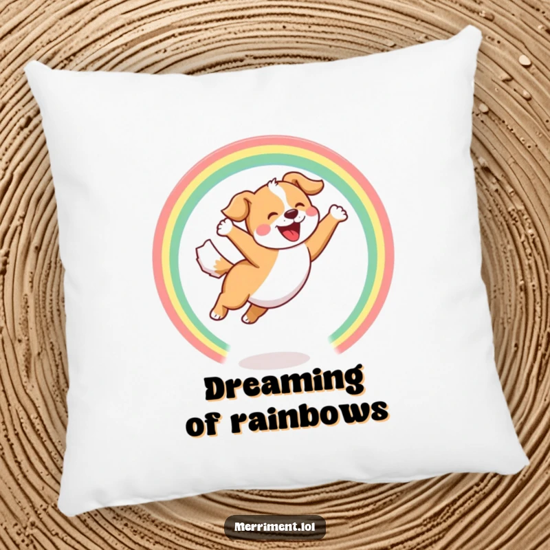 Funny Pillow with a joyful dog leaping through a hoop of rainbows with a happy bark, comfortable and cheerful.