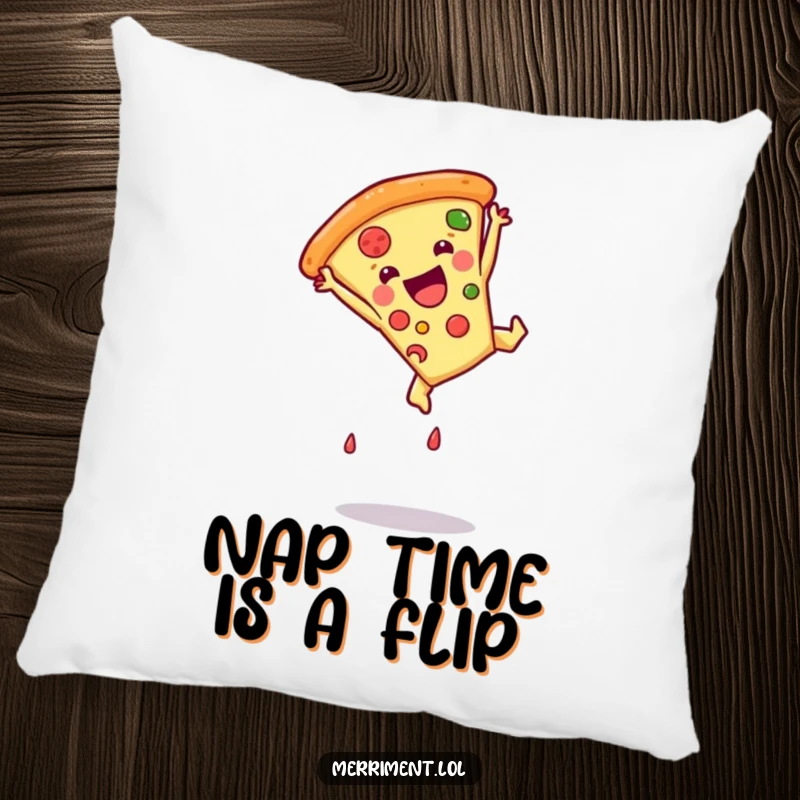 Funny pizza slice pillow performing a somersault, a soft and humorous accent piece for sofas and beds.
