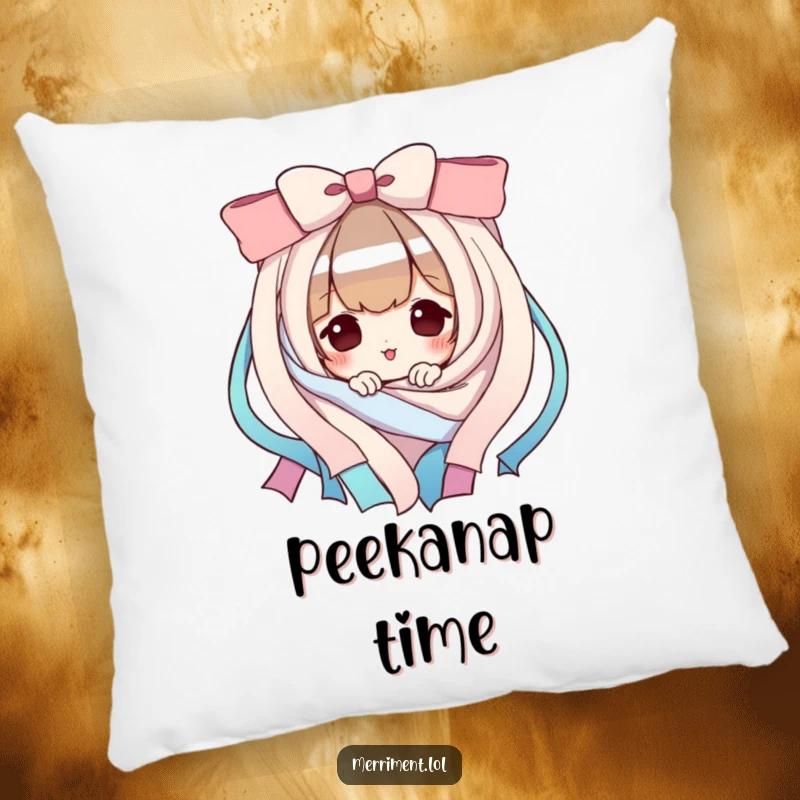 Funny Pillow: A playful character peeks from behind colorful ribbons. A soft and funny gift.