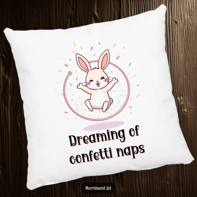Funny pillow illustration of a happy rabbit leaping through a confetti-filled hoop, providing both comfort and visual cheer.