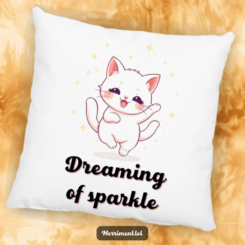 Funny cat pillow featuring a radiant cat twirling in a glitter cascade, offering humorous comfort and dazzling decor.
