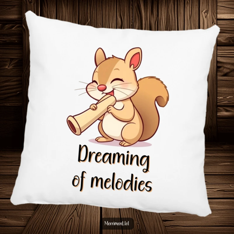 Funny squirrel pillow, eyes peacefully closed while playing an enormous kazoo, a soft and humorous decorative accent.
