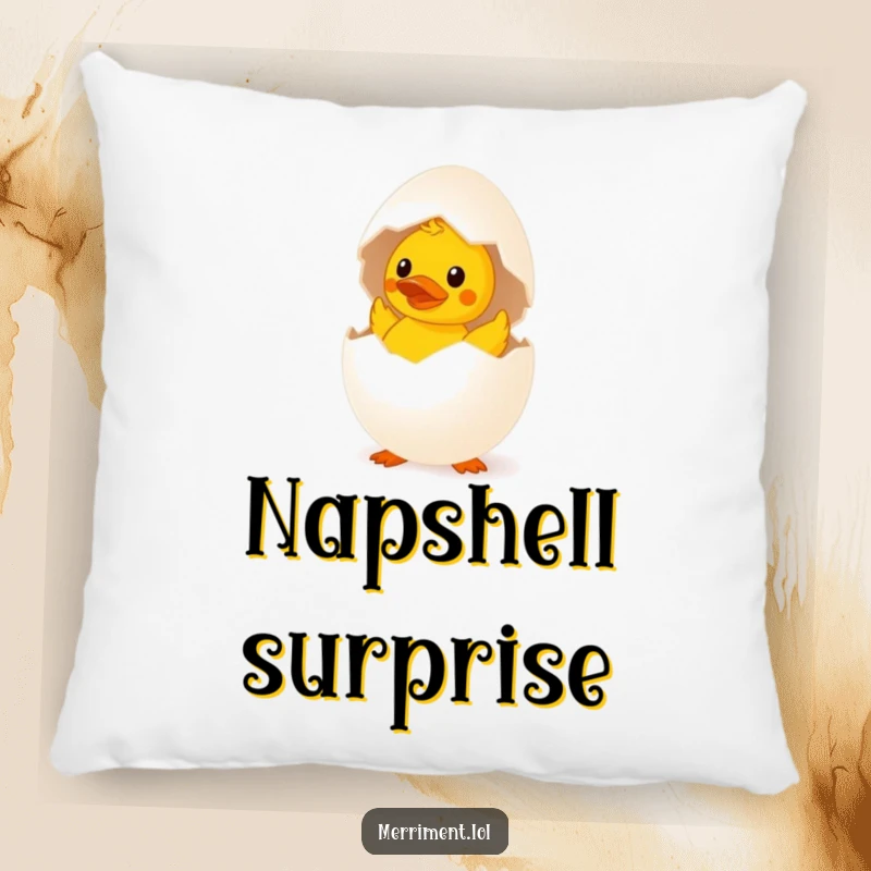 Funny surprised egg pillow hatching a tiny rubber duck, a soft and humorous decorative accent.