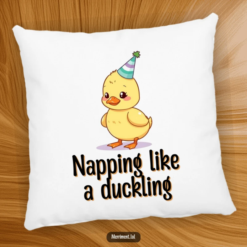 Funny wobbly duckling pillow with a tiny, glowing party hat precariously balanced, offering humorous comfort and charm.
