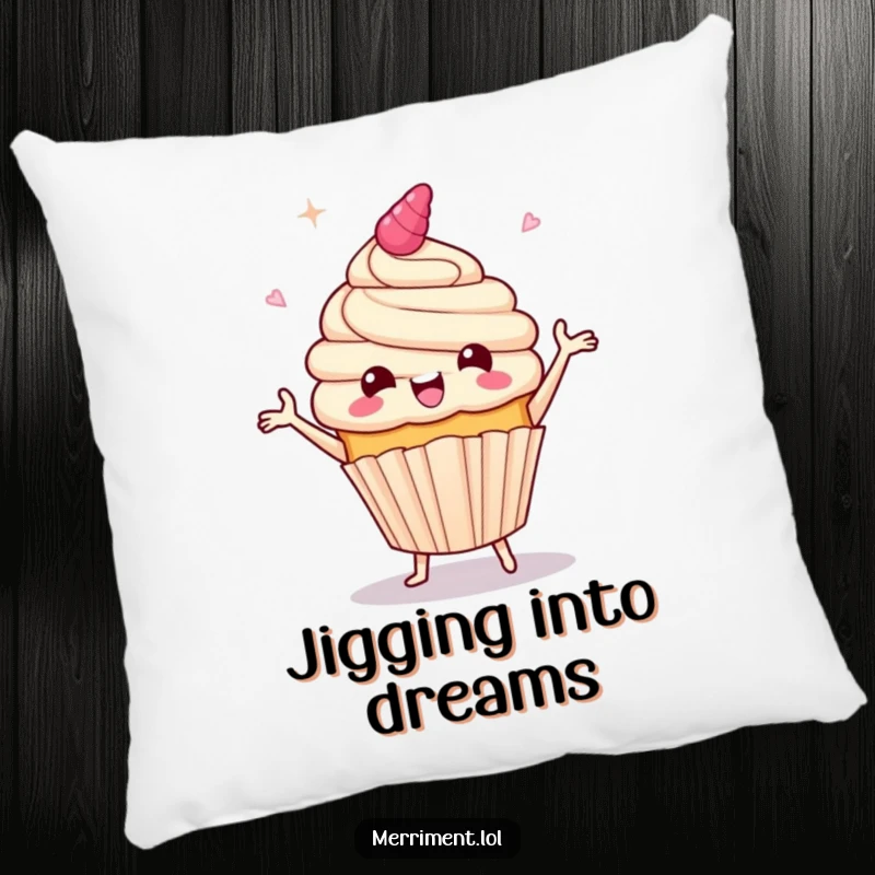 Funny pillow with a giddy cupcake character performing a lively jig, frosting flying, adding plush celebration and humor to any seating.