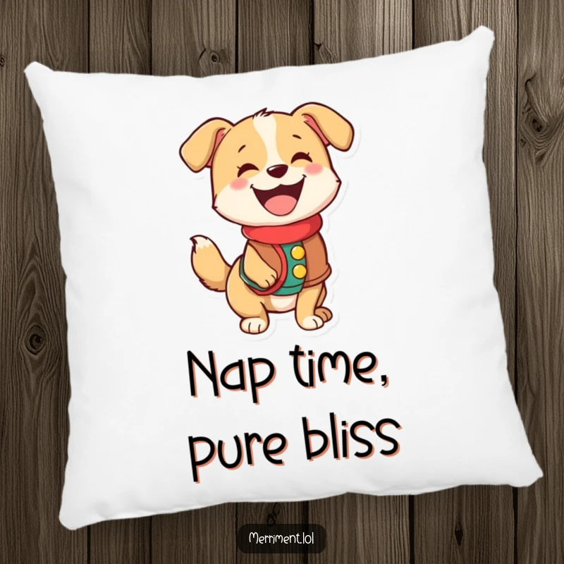 Funny pillow showcasing a happy dog in a festive vest, its tail wagging so fast it's a happy blur.
