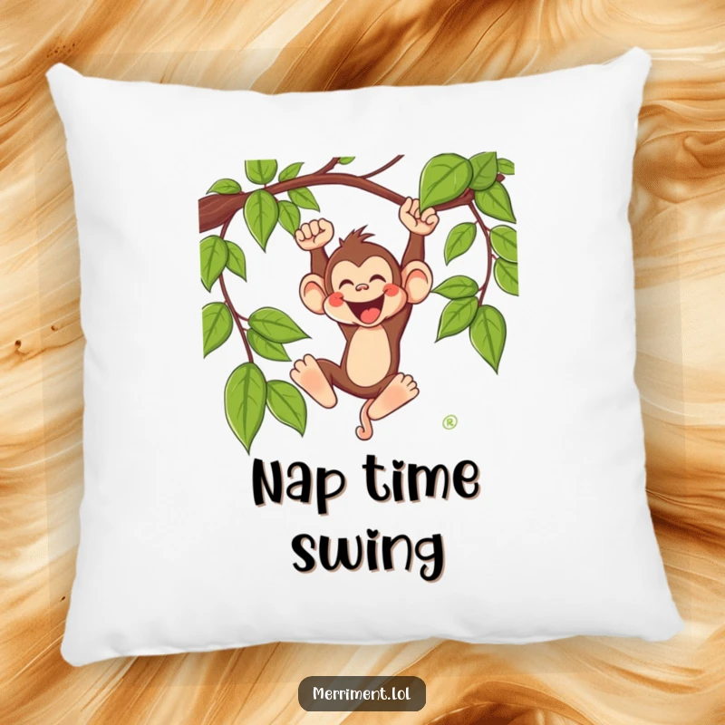 Funny monkey pillow featuring a silly monkey character swinging from a vine with a joyous whoop, offering funny comfort and decor.