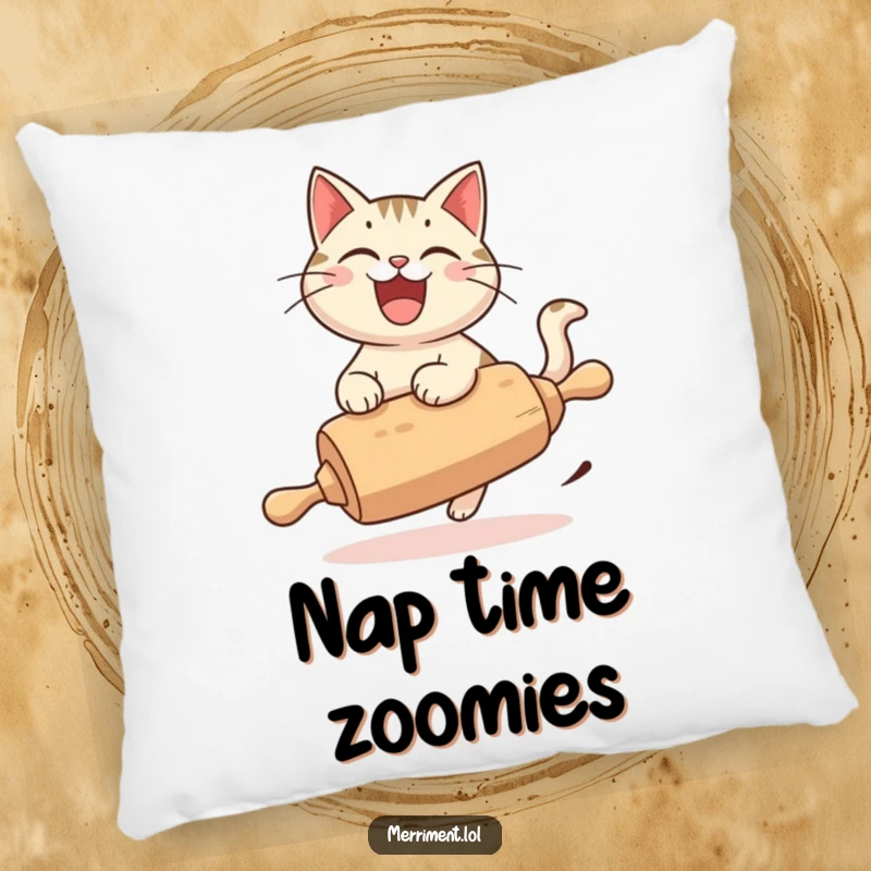 Funny Cat Pillow, a cheerful cat with a wide grin, riding a runaway rolling pin, embodying cozy delight and whimsical fun.