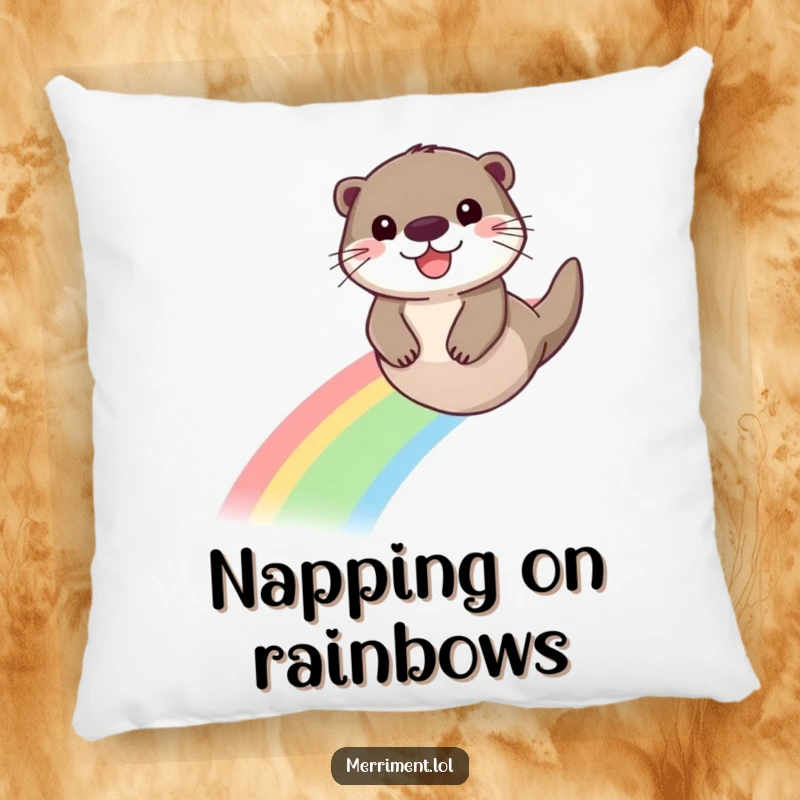 Funny pillow featuring a beaming otter sliding down a colorful rainbow, bringing a soft touch of joy and humor.