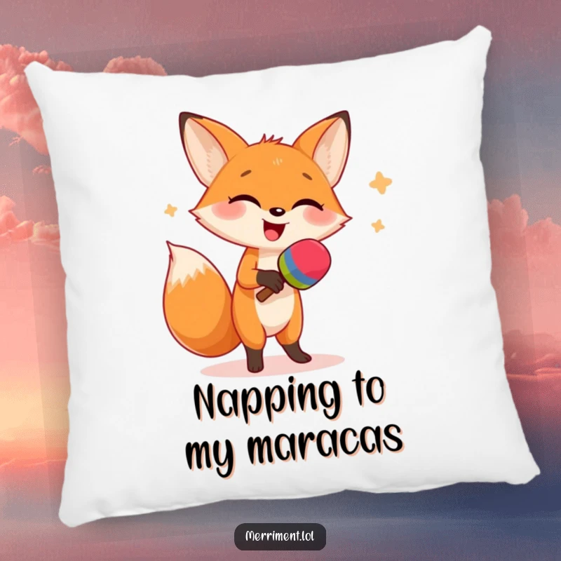Funny pillow illustration of a giggling fox performing a lively dance with oversized maracas, offering plush comfort and side-splitting humor.