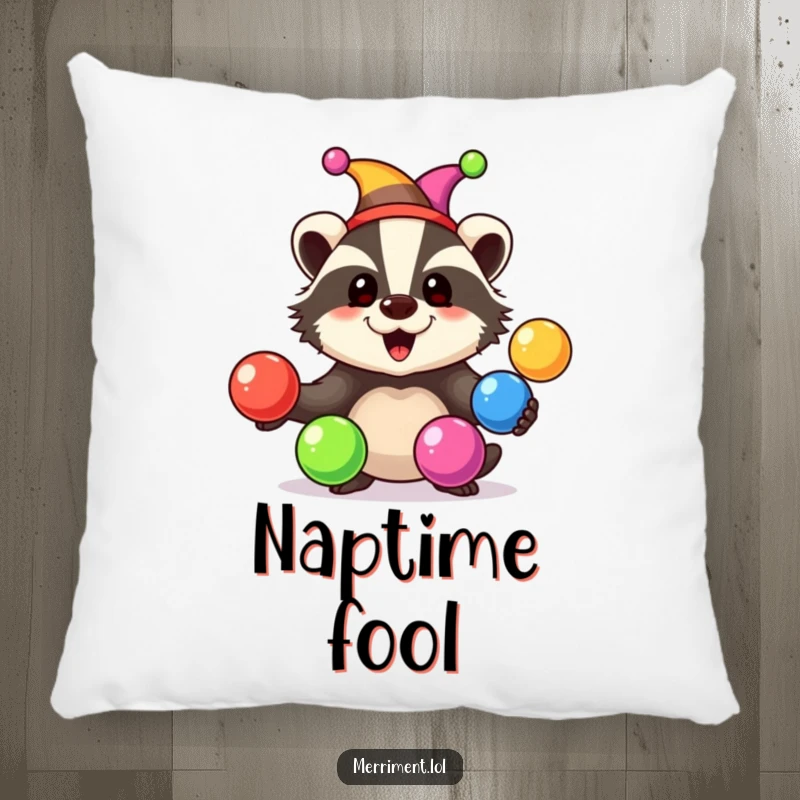Happy badger wearing a jester hat juggles rainbow-colored balls with delight, printed on a soft and comfortable pillow.