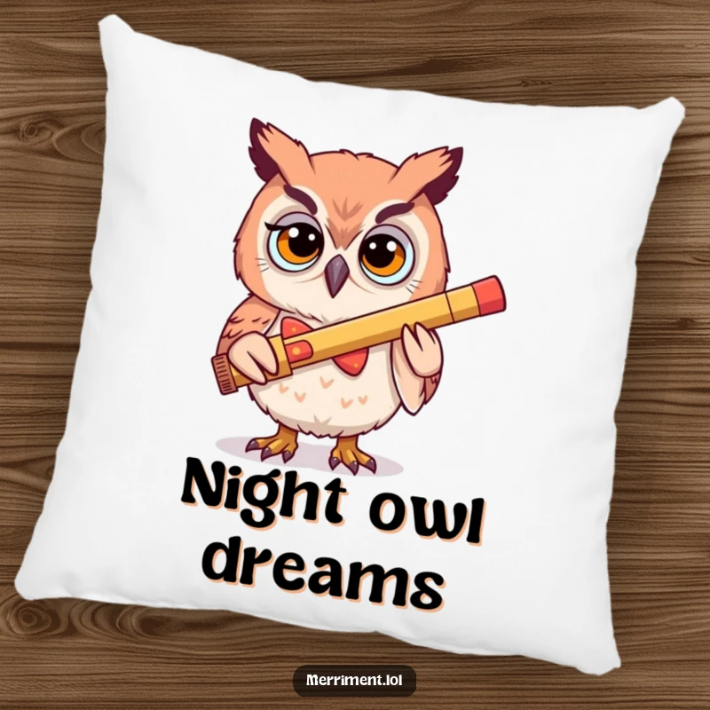 Funny pillow illustration of a determined owl in a silly bowtie playing a kazoo, offering soft comfort and a humorous touch.