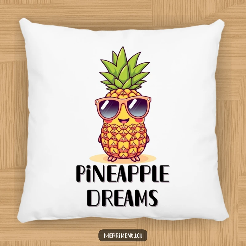 Funny cheerful pineapple pillow wearing oversized sunglasses at a beach, a cozy and humorous tropical accent.