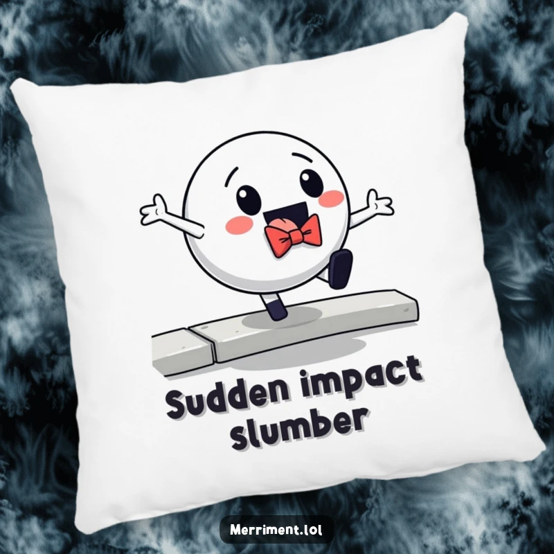 Funny pillow featuring a ball character in a bowtie comically falling off a curb, adding plush humor to any room.
