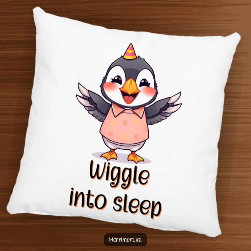 Funny pillow featuring a grinning puffin in a bright party shirt, its wings depicted in a lively wiggle.