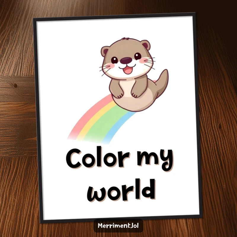 Funny digital art of a playful otter with a beaming face sliding down a vibrant rainbow, a joyful scene.