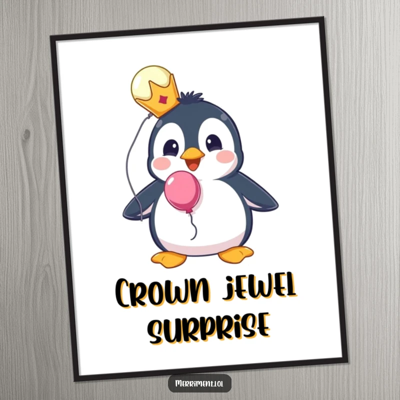 Funny digital art print of a surprised penguin wearing a tiny crown and holding a balloon, exuding whimsical royalty.