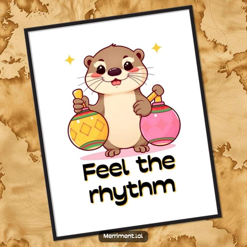 Funny digital art print of a playful otter enthusiastically shaking oversized, colorful maracas, vibrant and festive wall decor.