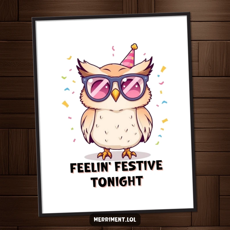 Funny digital art print of a party owl in glasses, joyfully throwing confetti, capturing the essence of an instant celebration.