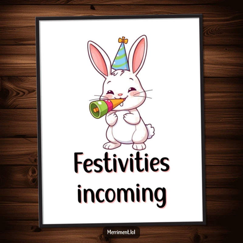 Funny digital art print of a cheerful bunny wearing a party hat, blowing a giant noisemaker, adding instant joy.