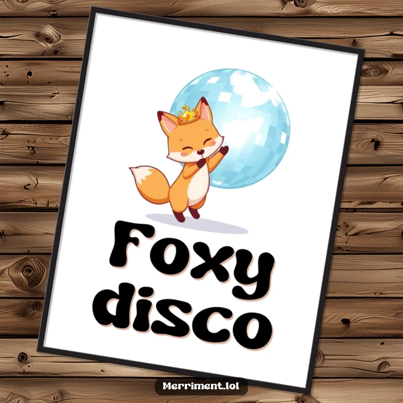 Fox wearing a crown happily bounces a giant shimmering disco ball, as a high-resolution digital art print.