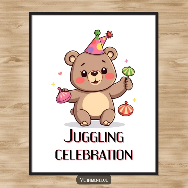 Funny digital art print of a happy bear wearing a party hat and juggling colorful spinning tops, ready for download.