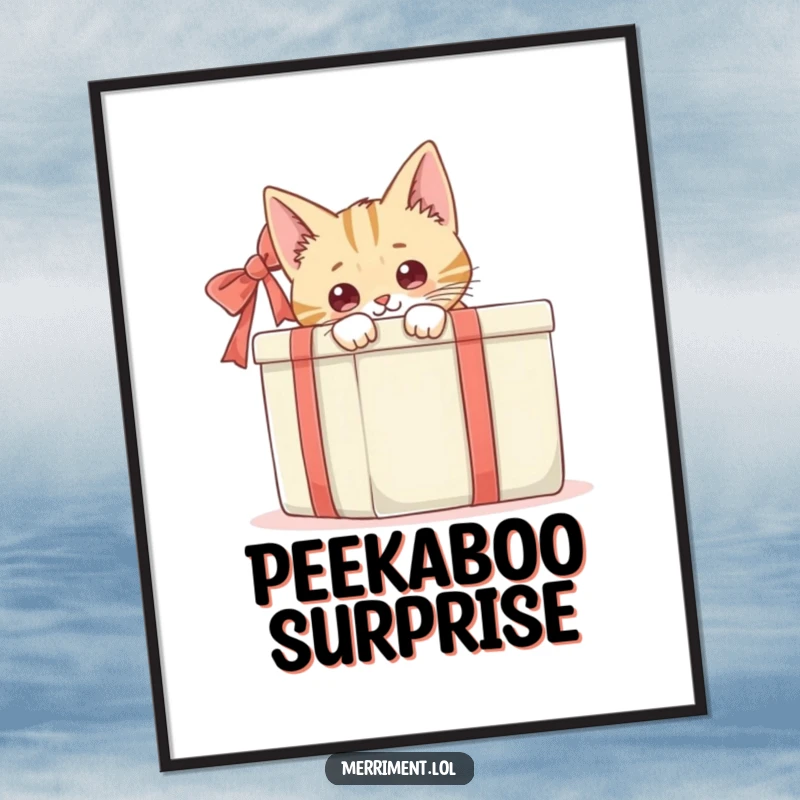 Funny, curious cat peeking from behind a large gift box, a high-resolution digital art print for whimsical decor.