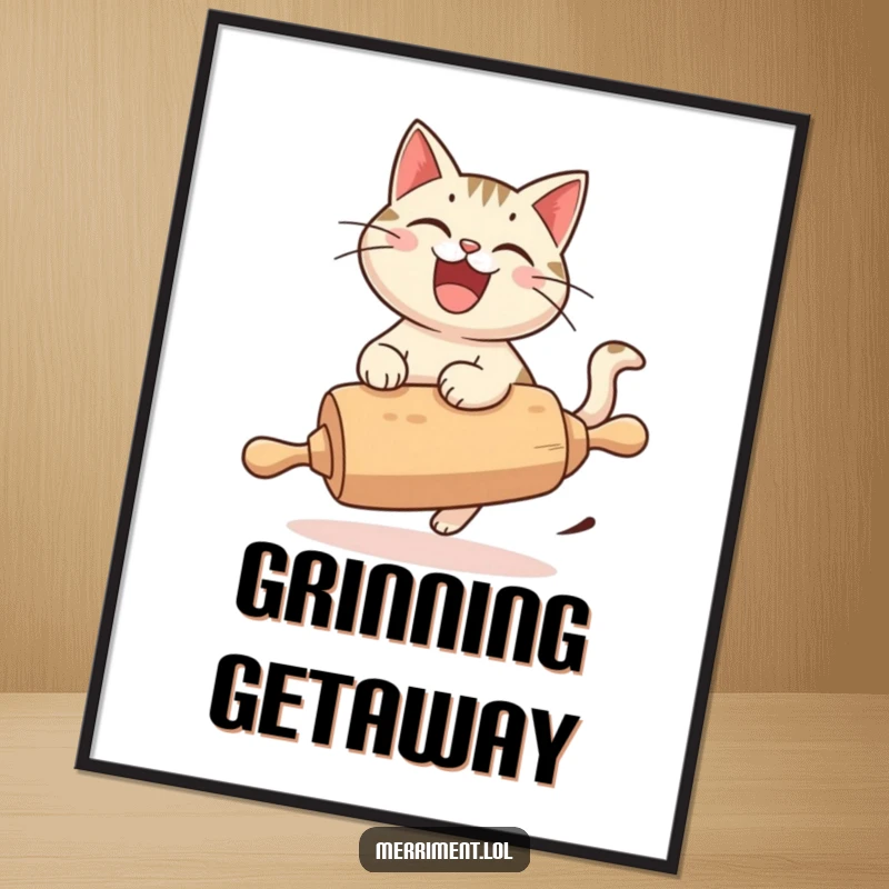 Funny Cat Digital Art Print, a cheerful cat with a wide grin, riding a runaway rolling pin, depicting pure joy and whimsy.