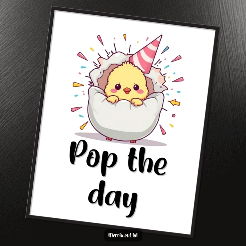 Funny chick digital art print of a fluffy bird emerging from a giant, exploding party popper, offering instant festive and humorous decor.