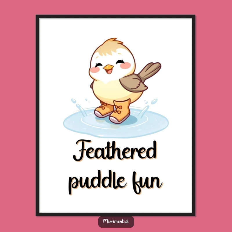 Funny Chickadee Puddle Splash Digital Art: Whimsical Print for Joyful Decor