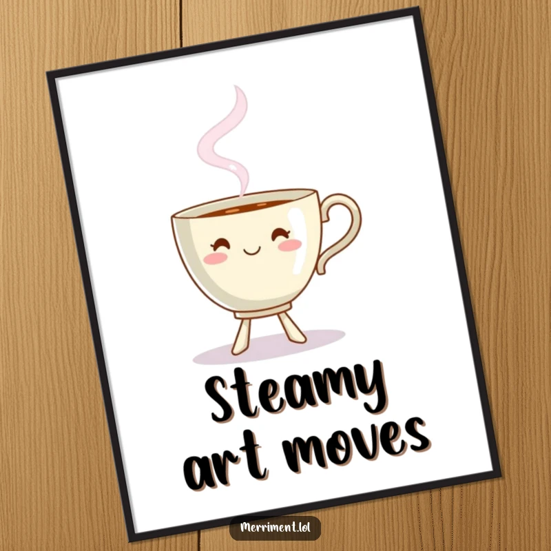 Funny dancing teacup digital art print with steam forming a playful shape, whimsical and humorous illustration.