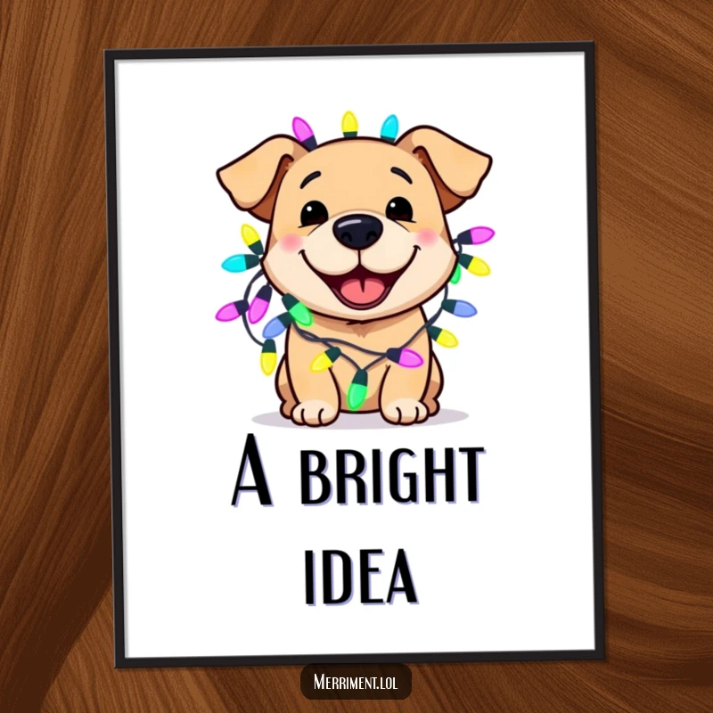 Funny dog digital art print of a smiling dog adorned with brightly colored, oversized fairy lights, creating festive and humorous wall art.