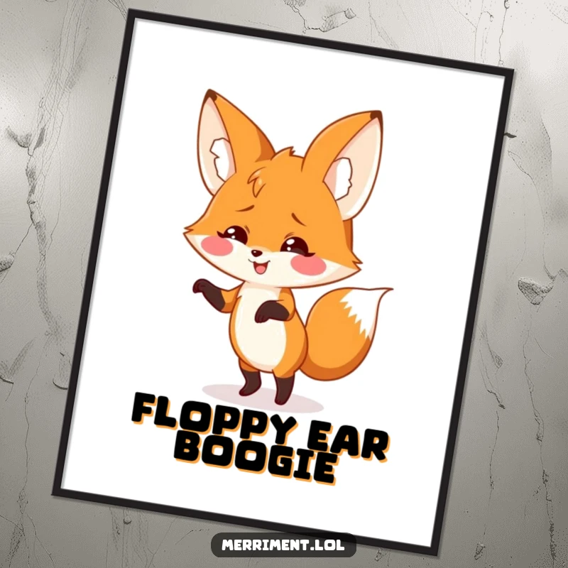Smiling fox with two giant, floppy ears does a silly dance, presented as a digital art print for instant groovy wall decor.