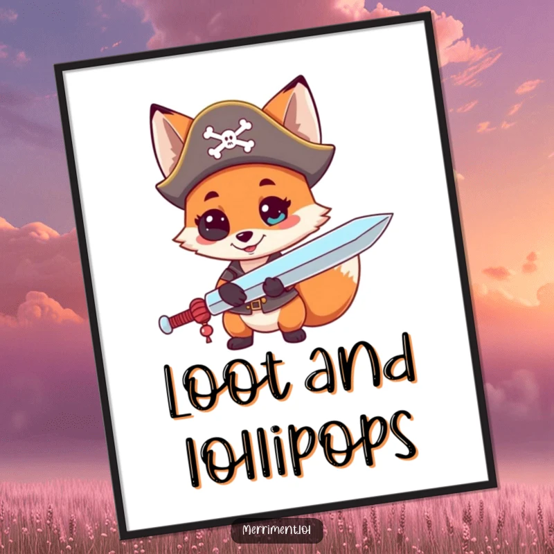 Funny digital art print of a curious fox in a pirate hat, brandishing a giant lollipop as a sword, whimsical and adventurous decor.