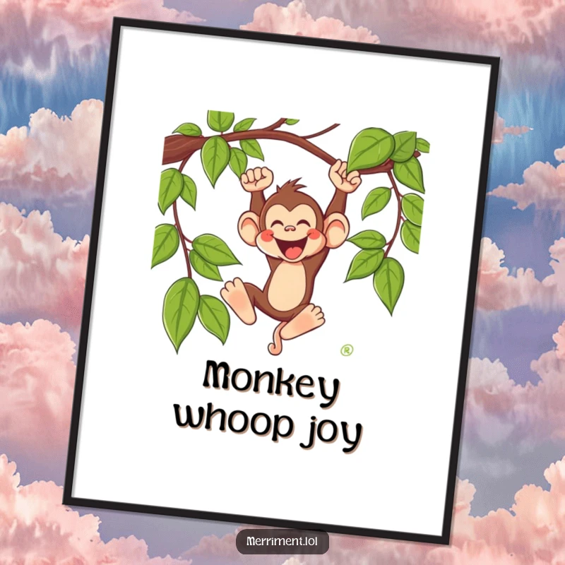 Funny monkey digital art print of a silly monkey character swinging from a vine with a joyous whoop, perfect for funny digital decor.