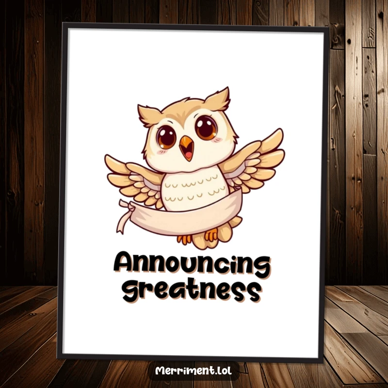 Funny owl digital art print, a joyful owl soaring with a banner, adding wise and majestic charm to digital art.
