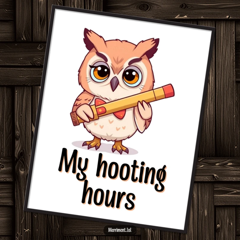 Funny digital art print of a determined owl wearing a silly bowtie, enthusiastically playing a large kazoo with comical focus.