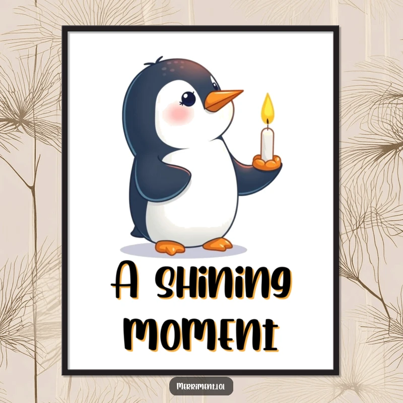 Funny digital art print of a curious penguin precariously balancing a tiny, lit candle on its beak.