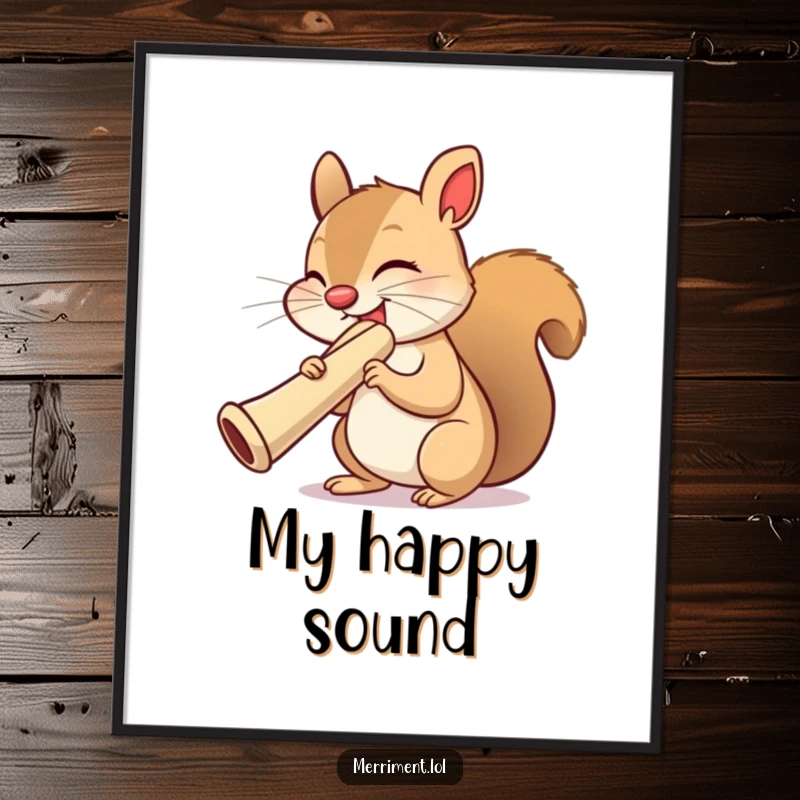 Funny squirrel digital art print, eyes closed, passionately playing an oversized kazoo, a whimsical and humorous printable artwork.
