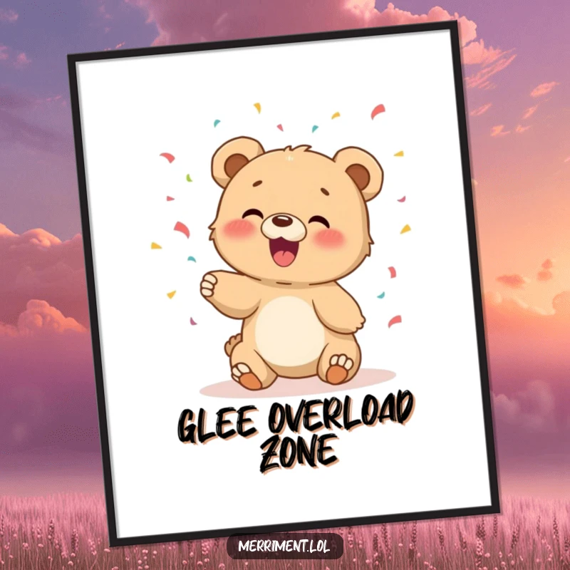 Funny digital art print of a giggling bear cub joyfully tossing confetti, creating an atmosphere of pure delight.