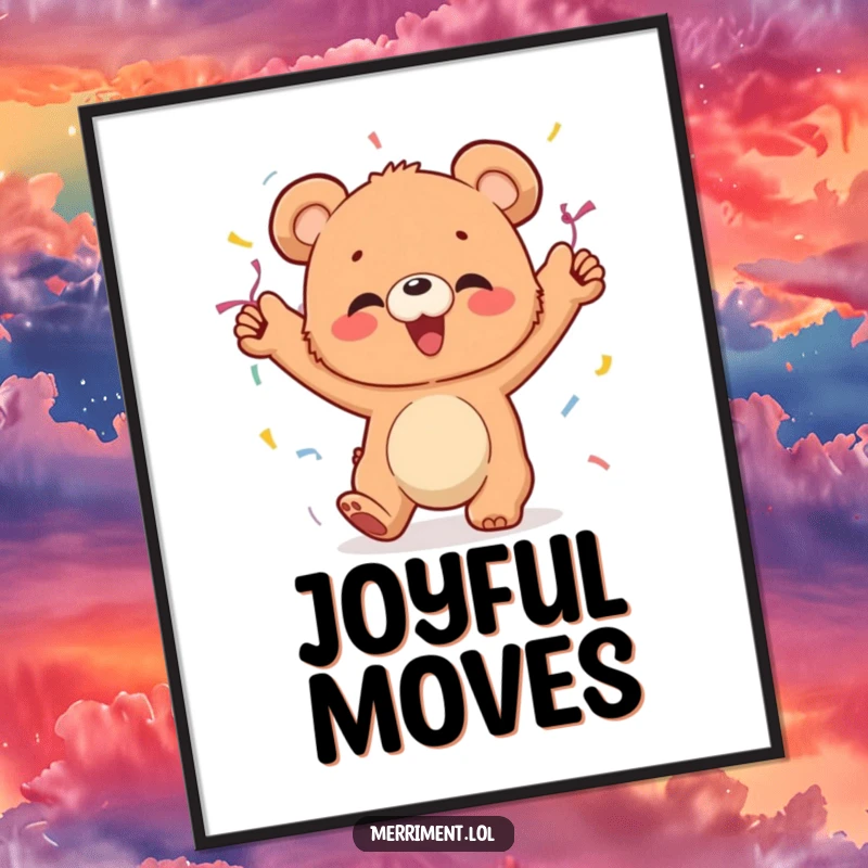 Funny digital art of a giggling bear cub wearing festive streamers and dancing with wild abandon, a joyful scene.