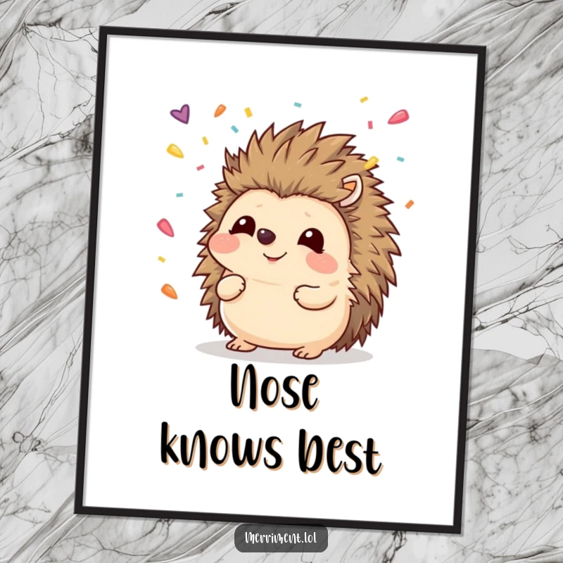 Funny hedgehog digital art print of a cute animal catching falling confetti with its nose, offering instant whimsical decor.