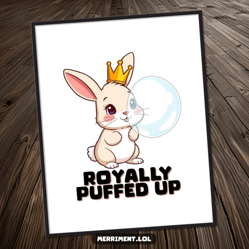 Funny Rabbit Digital Art: Whimsical print of a curious crowned rabbit comically blowing a giant bubble, instant decor.