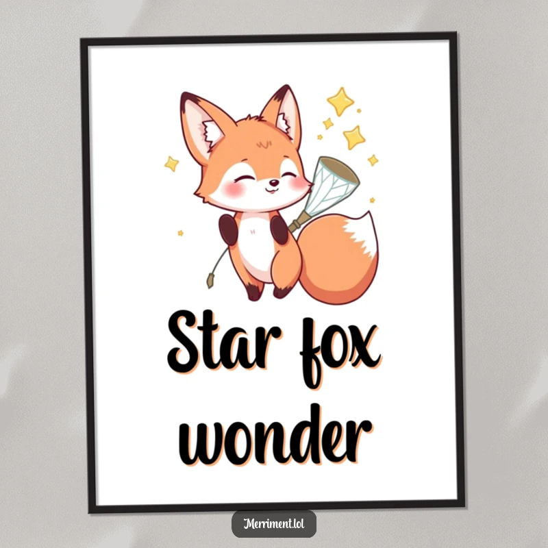 Funny fox digital art print of a playful fox character catching falling stars in a sparkly net, perfect for funny digital decor.