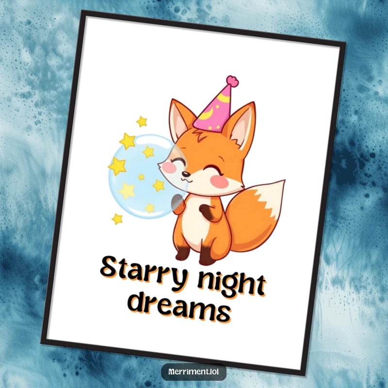 Funny digital art of a happy fox in a party hat blowing a bubble that transforms into a cascade of stars.