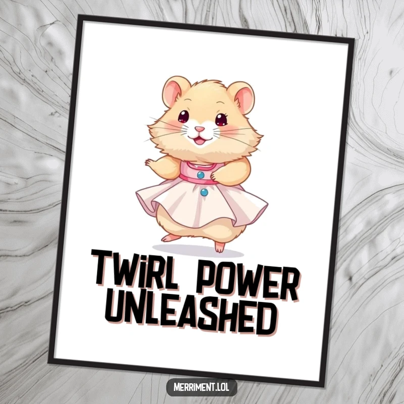 Funny hamster wearing a tiny party dress and twirling happily, a high-resolution digital art print for humorous decor.