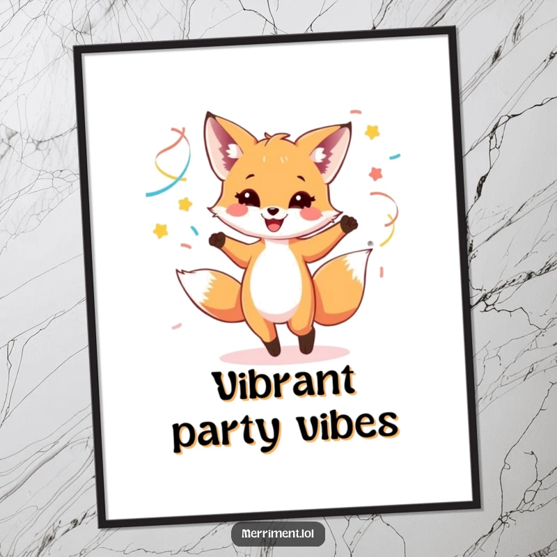 Funny digital art print of a happy fox cub dancing with colorful streamers, bringing vibrant energy.