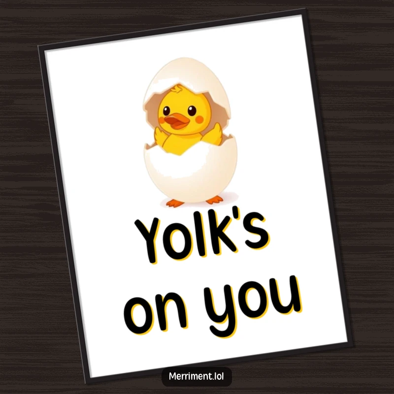 Funny surprised egg digital art print hatching a tiny rubber duck, a whimsical and humorous illustration.